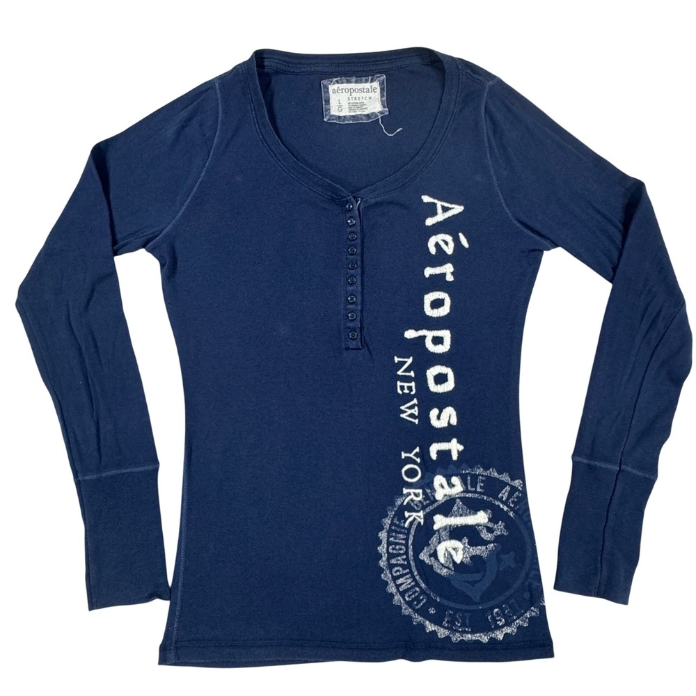 Y2K Aeropostale Navy Blue Long Sleeve Babydoll Henley Top Large Stretch Festival